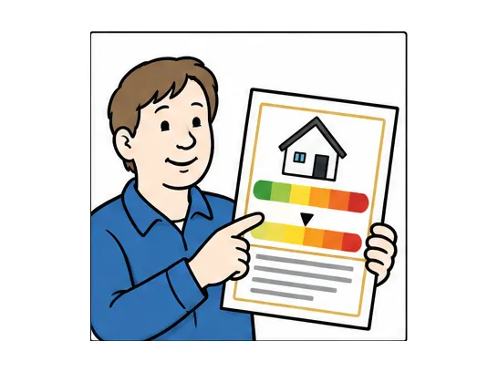 Mitarbeiter der Stadtwerke zeigt einen Energieausweis für ein Wohnhaus.