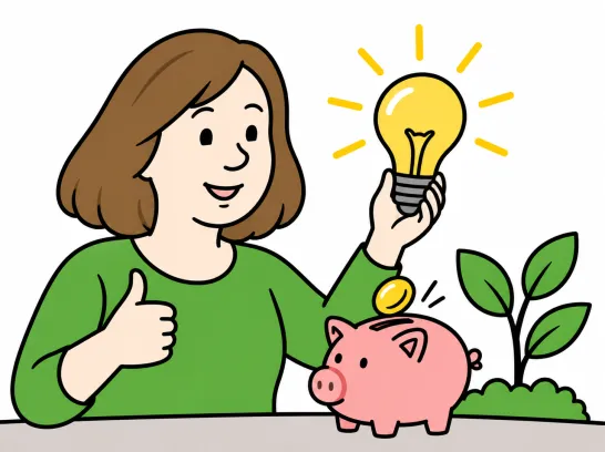 Frau mit leuchtender Glühbirne und Sparschwein als Symbol für Energiesparen.