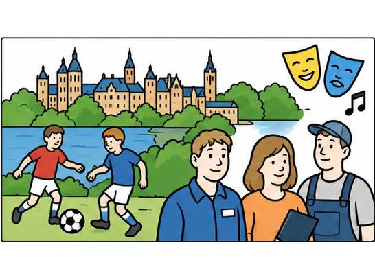 Menschen bei Sport, Kultur und Arbeit vor der Schweriner Stadtkulisse.