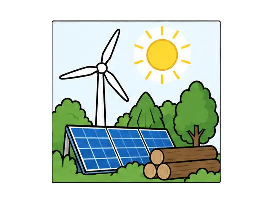 Windrad, Solaranlage und Holz als Beispiele für erneuerbare Energien.