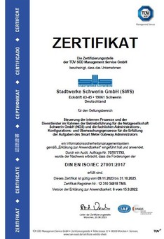 Zertifikat DIN EN ISO/IEC 27001:2017 , Copyright: TÜV Süd