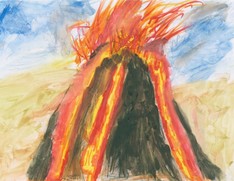 Kinderzeichnung mit einem Vulkan der ausbricht, Copyright: SWS
